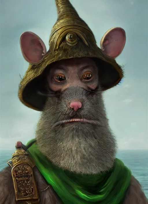 Image similar to humanoid rat with beard, serious, mean eyes, wearing jewelry, tricorne hat, green robe, D&D, digital art, detailed face, highly detailed, trending on artstation, 4k, sea in the background, art by greg rutkowski