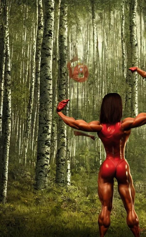 Image similar to photo of superbodybuilder woman posing standing with back in birch forest in jeff koons hip hop bauhaus style, beautiful detailed face, ultra realistic, concept art, intricate details, serious, highly detailed, photorealistic, octane render, 8 k, unreal engine, natural light, art by todd mcfarlane