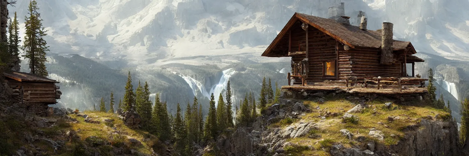 Prompt: a cabin on the side of a mountain in yellowstone, 8k, james gurney, greg rutkowski, john howe, artstation