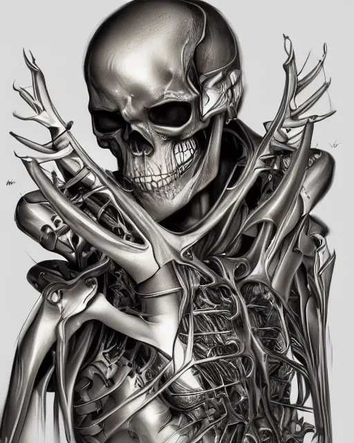 Prompt: ultra realistic illustration, male skeleton, sci - fi, fantasy, intricate, elegant, highly detailed, digital painting, artstation, concept art, smooth, sharp focus, illustration, art by hajime sorayama!!!