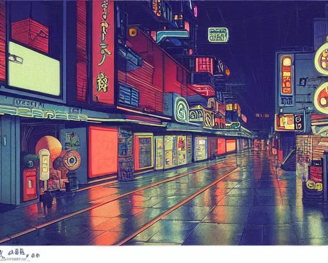 Image similar to cozy soft neon street with in a cyberpunk city on a rainy melancholy osaka night in 1 9 9 6 by de chirico