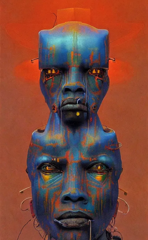 Image similar to portrait of mecha african tribal chief, symmetrical, dramatic lighting, colourful, god, art by zdzislaw beksinski,