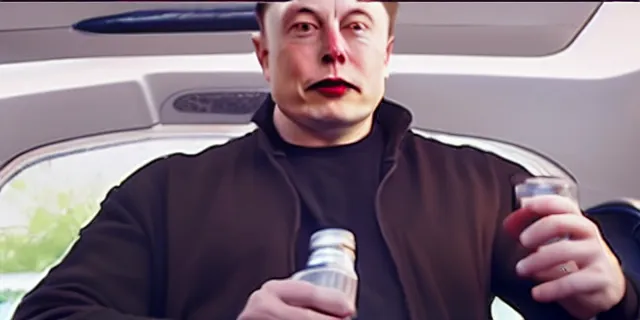 Image similar to bald elon musk in a tracksuit drinking beer in filthy trailer, by ken loach