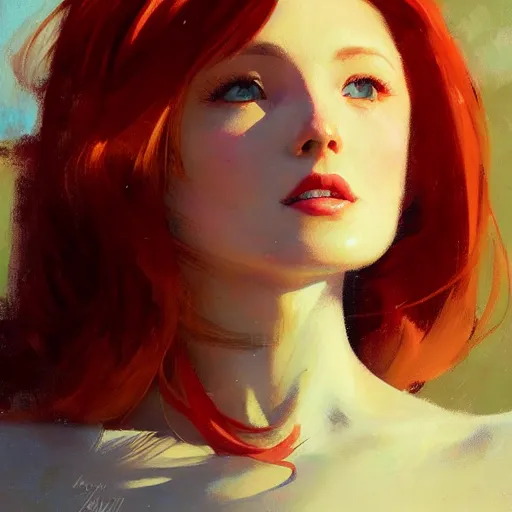 Image similar to greg manchess close up portrait painting of redhead beauty as manga character, medium shot, asymmetrical, profile picture, organic painting, sunny day, matte painting, bold shapes, hard edges, street art, trending on artstation, by huang guangjian and gil elvgren and sachin teng