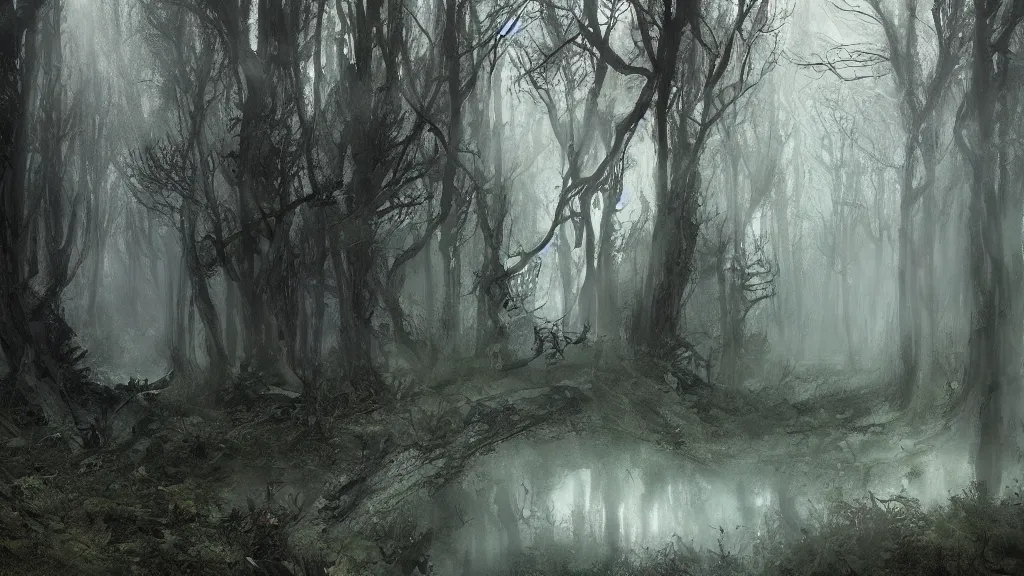 Image similar to lush but gloomy forest, Nazgul, horrors, decay, digital art by Ruan Jia, Rudolf Béres, James Zapata, Jamey Jones