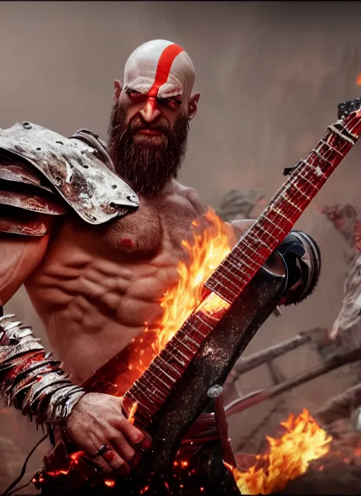 Image similar to red left eye paint stripe armored screaming kratos rocking out on a flaming stratocaster guitar, cinematic render, god of war 2 0 1 8, playstation studios official media, lightning, flames, clear, coherent, guitar