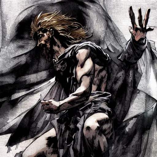 Image similar to jesus in a jojo dramatic pose against lucifer morningstar, illustration by yoji shinkawa and greg rutkowski