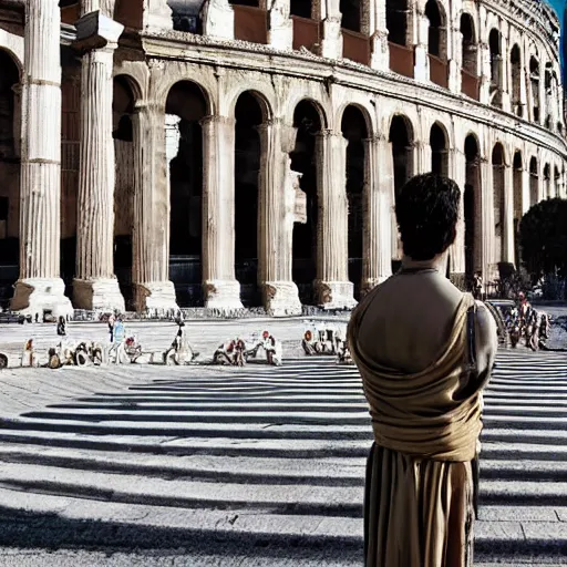 Image similar to award winning photo of a confused Julius Caesar standing in the middle of a modern Roman city