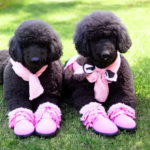 Prompt: two cute old black/grey toy poodles wearing pink shoes