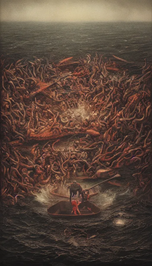 Image similar to man on boat crossing a body of water in hell with creatures in the water, sea of souls, by dan witz