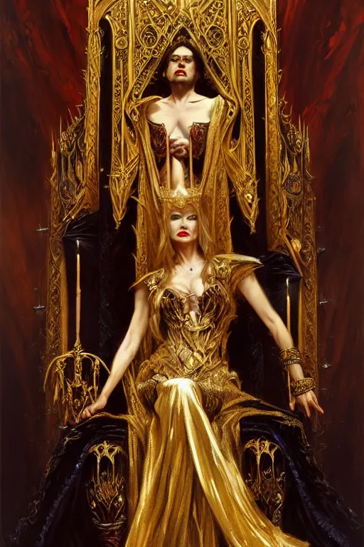 Image similar to full body portrait of beautiful vampire queen in gold gothic robe sitting on a throne of bones, elegant, highly detailed painting by gaston bussiere, craig mullins, j. c. leyendecker, 8 k, mid shot