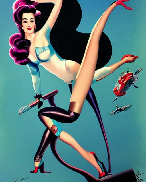Prompt: retrofuturistic pinup model dita von teese as a varga girl posing on a space ship, in the style of anna dittmann and gil elvgren and alberto vargas.