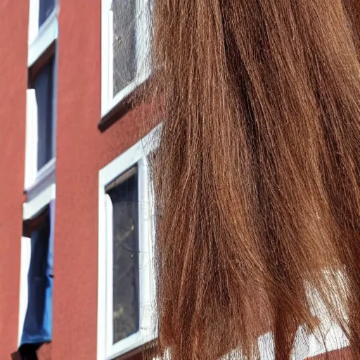 Prompt: a woman's hair grows from all the windows and doors of large apartment building, the hair reaches the ground, rendered