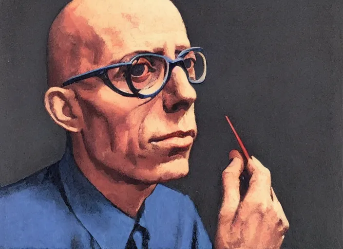 Image similar to michel foucault using iphone, muted blue and red tones, portrait face, in the style of peter ferguson, frantisek kupka, intricate, miles johnston, kuroda seiki, cynical realism, ozabu, john william godward, painterly, yoshitaka amano, moebius, miles johnston, louise zhang, james jean