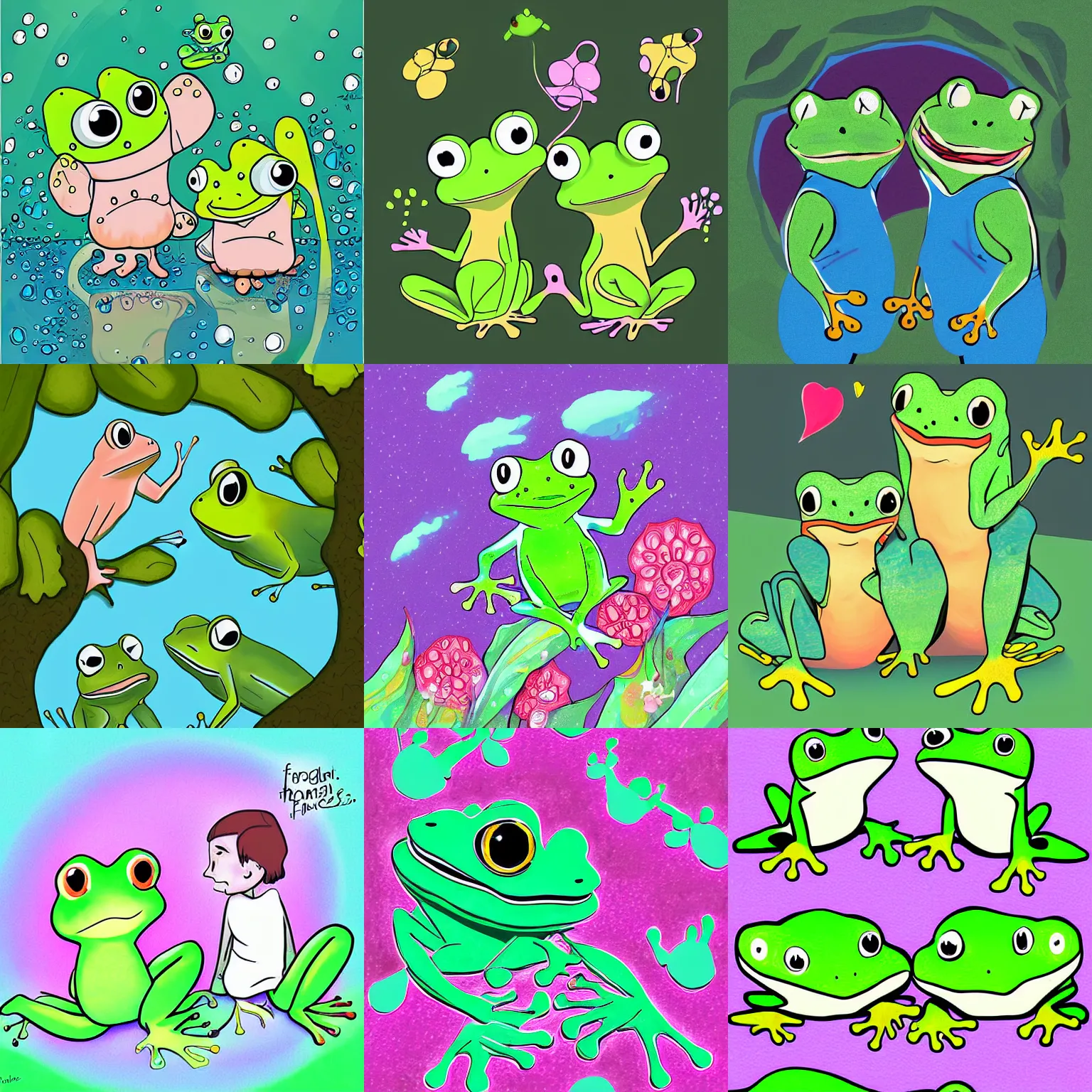Prompt: frog friends, digital art, cute, shoujo