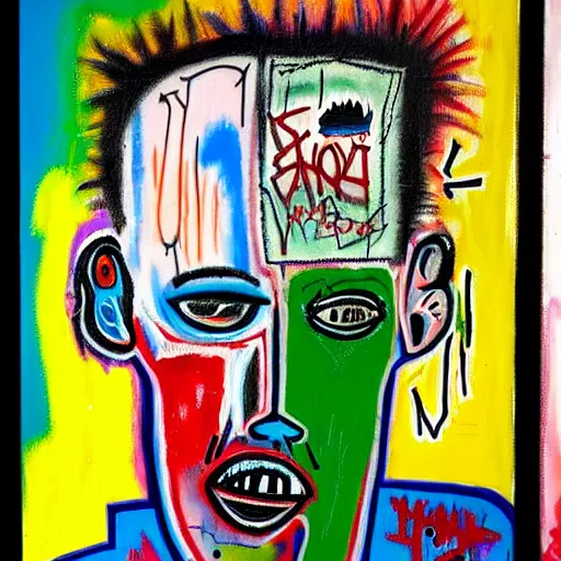 Image similar to colorful odd colors detailed neo expressionism chaotic oil painting of sad boy business man depressed with tattoos by basquiat