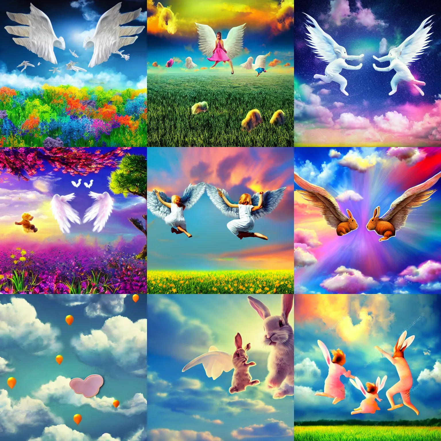 Prompt: bunnies with angel wings jumping on clouds colorful happy photorealistic natural landscape