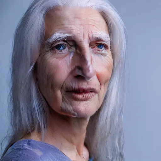 Prompt: 3 d render by annie leibovitz hyper detailed, realistic female face and shoulders, white skin made from painted porcelain, white hair, fine facial features, white eyes and eyelashes, 8 k, 1 5 0 ml lens, elegant, white background pastel blue lighting, octane render, volumetric lighting