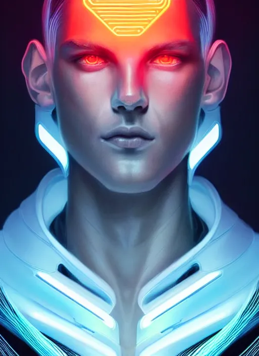 Image similar to portrait of modern male humanoid, intricate, very futuristic, elegant, cyber neon lights, highly detailed, digital photography, trending in artstation, trending in pinterest, glamor pose, concept art, smooth, sharp focus, art by artgerm and greg rutkowski