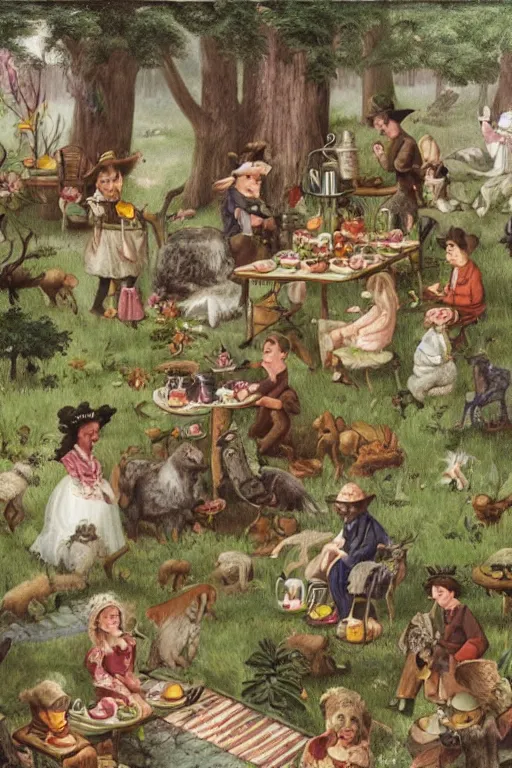 Prompt: The forest dwellers at a tea party