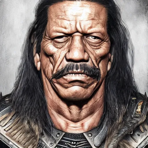 Prompt: Portrait of Danny Trejo, realistic character concept, warhammer fantasy, dark and gritty atmosphere, golden ratio, cinematic lighting, hyperdetailed, high resolution, insanely detailed and intricate, Oscar Soler, trending on artstation