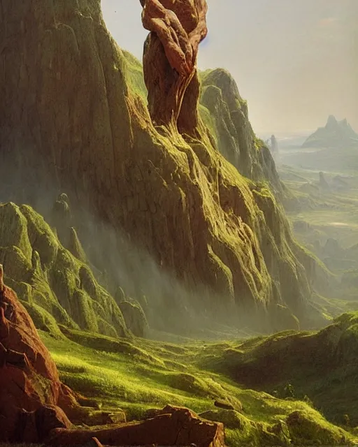 Image similar to a giant troll standing in a hilly landscape, detailed face. Realistic painting by Thomas Cole and Wayne Barlowe