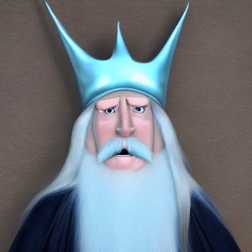 Image similar to the ice king from adventure time as a real person, photo realistic