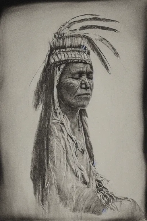 Image similar to “Charcoal sketch of a Native American indian woman, portrait, Nanye-hi Beloved Woman of the Cherokee, wearing a papoose showing pain and sadness on her face, ancient”