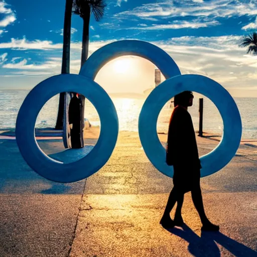 Image similar to a woman facing an portal on the street. the street leads dozen a city. the portal is oval, upright and surrounded by blue energy. the portal leads to a beach at sunset