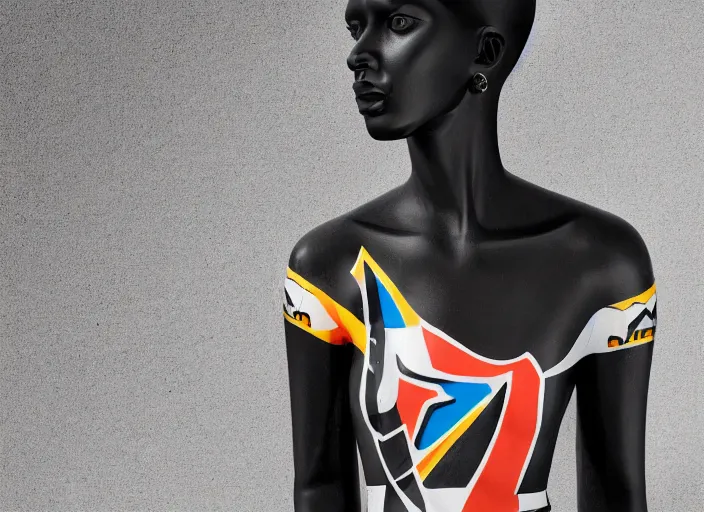 Image similar to black marble statue of a beautiful woman with colorful motocross logos in the style of virgil abloh, very very beautiful, detailed, off white, heron preston, 8 k, 4 k, detailed, beautiful, symmetrical, vogue, editorial, fashion, magazine, model