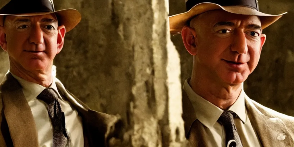 Image similar to film frame of jeff bezos taking a trasure from an ancient temple. indiana jones style 4 k quality rule of thirds jeff bezos dressed as indiana jones detail cinematic color grading by christopher nolan. portrait photography. close shot