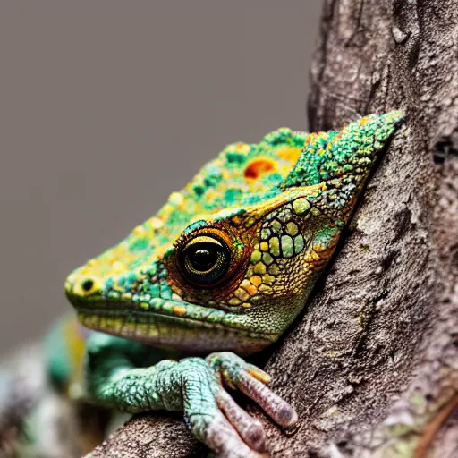 Prompt: An award winning photo of Tokay crocodile chameleon looking at the camera, cute, environmental portrait, wildlife photography, National Geographic, 4k