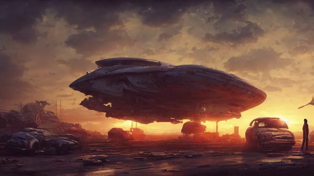 Image similar to a Photorealistic hyperrealistic render of a gigantic spaceship landing at a Junkyard by Greg Rutkowski,Vitaly Bugarov,Stephan Martiniere,Nicolas Bouvier SPARTH,James Paick,dramatic moody sunset lighting,long shadows,Volumetric, cinematic atmosphere, Octane Render,Artstation,8k