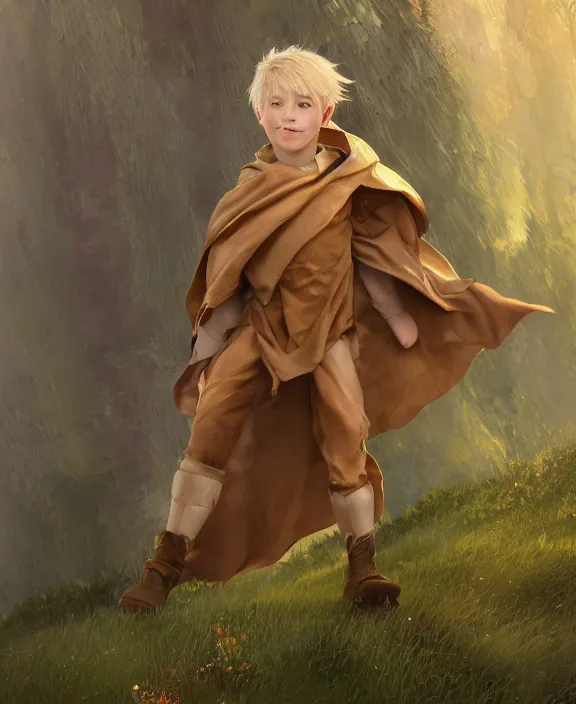 Prompt: blonde boy wearing a brown cape and flying, forest background, au naturel, hyper detailed, digital art, radiant highlight, trending in artstation, cinematic lighting, studio quality, smooth render, unreal engine 5 rendered, octane rendered, art style by klimt and nixeu and ian sprigger and wlop and krenz cushart.