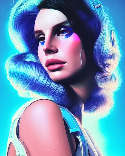 Image similar to portrait of lana del rey as a cyborg. realist abstract. key art. cyberpunk, blue and pink, intricate artwork. cyberpunk augmentations art by tooth wu, wlop, beeple, dan mumford. 8 k octane render, trending on artstation, greg rutkowski very coherent symmetrical artwork. cinematic, hyperrealism, very detailed, iridescent accents