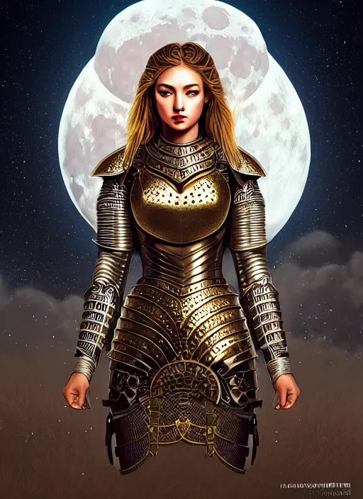 Prompt: high vector, book cover!!!!!!!!!!!!, warrior princess in intricate plate armour, large moon, light night, intricate, elegant, sharp focus, illustration, highly detailed, digital painting, concept art, matte, art by wlop and artgerm and ivan shishkin and andrey shishkin, masterpiece