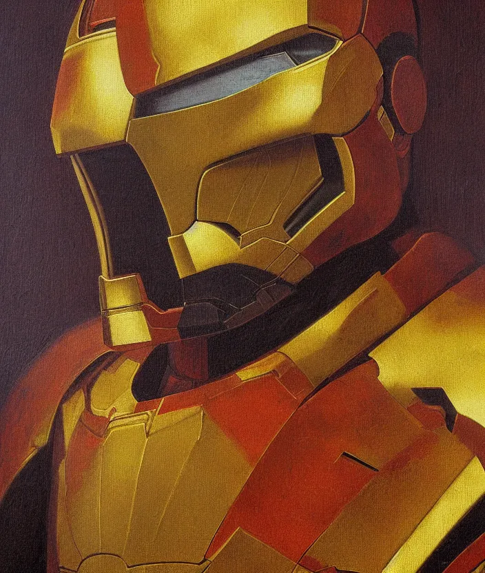 Image similar to oil painting half-lenght portrait of iron man by Leonardo da Vinci