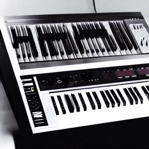 Prompt: a hybrid human / synthesizer, 1 9 8 0 s photo