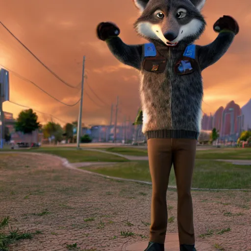 Image similar to full body, 3d render , anthropomorphic wolf male , wearing along brown leather jacket , in the style of Zootopia