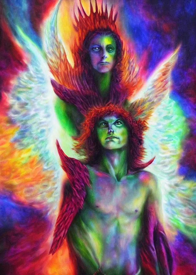 Image similar to Lucifer of the lunar mythos mercurial (surreal) fallen angel mist fear not, award winning oil painting, chromatic aberration polychromatic color palette radiant colors