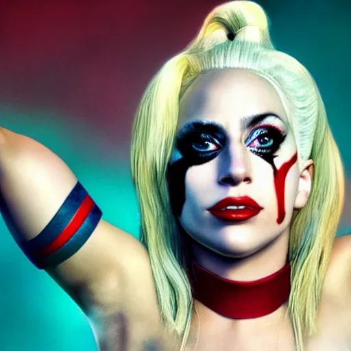 Image similar to awe inspiring photorealistic movie poster featuring Lady Gaga as Harley Quinn 4k hdr amazing lighting