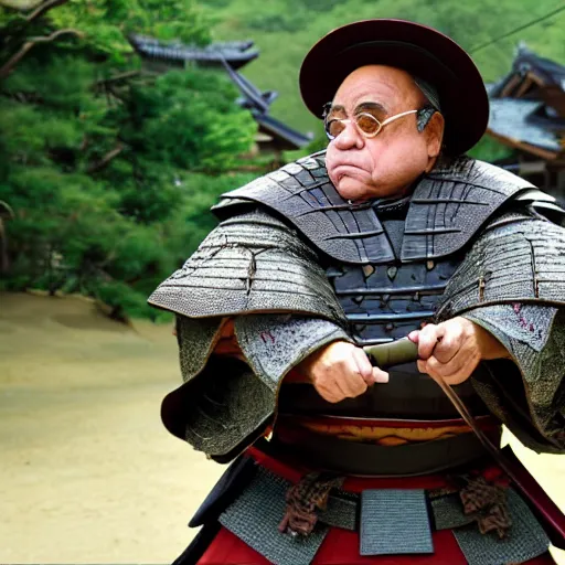 Prompt: cinematic shot of Danny Devito wearing samurai armor and holding a katana in a japanese village, 8k, highly intricate, highly detailed, depth of field, epic,