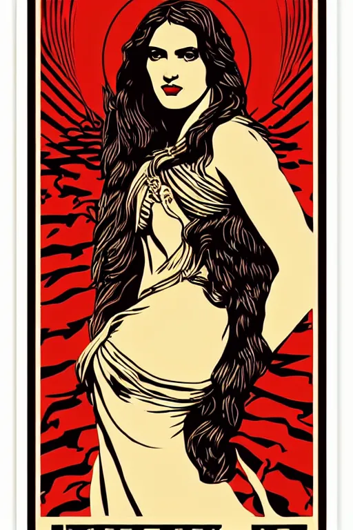 Image similar to Shepard Fairey poster of a Greek Goddess posed in profile, she has beautiful bone structure and long hair. Eyes closed. highly detailed, ornate, Art Deco