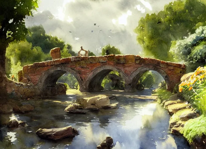 Image similar to watercolor of rustic stone bridge with mural, ivy, summer daylight, bright clear day, clouds, high detailed art by dennis miller bunker, work by anders zorn, wonderful masterpiece by greg rutkowski, beautiful cinematic light, american romanticism by greg manchess, creation by tyler edlin