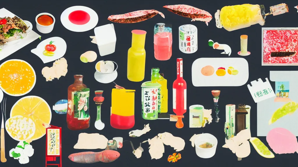 Image similar to an arrangement of foodie traveller props, japan, a collage painting, in the style of wes anderson, lola dupre, david hockney, isolated on negative white space background dark monochrome neon spraypaint accents volumetric octane render