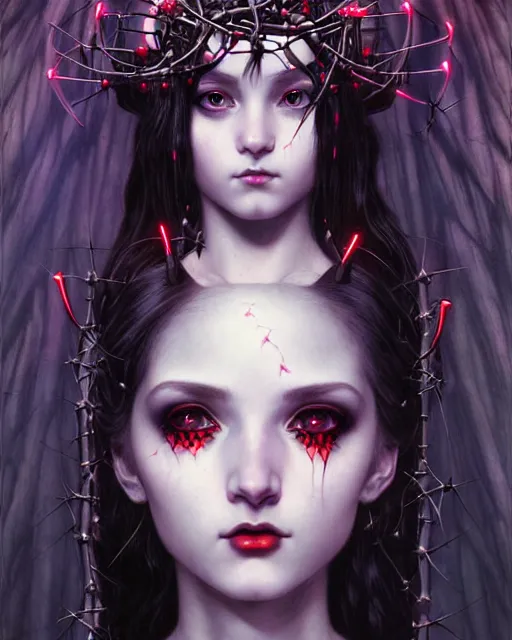 Prompt: portrait of beautiful cute goth maiden girl with crown of thorns in warhammer demonic mechanical armor, high details, neon colors, art by ( ( ( kuvshinov ilya ) ) ) and wayne barlowe and gustav klimt and artgerm and wlop and william - adolphe bouguereau