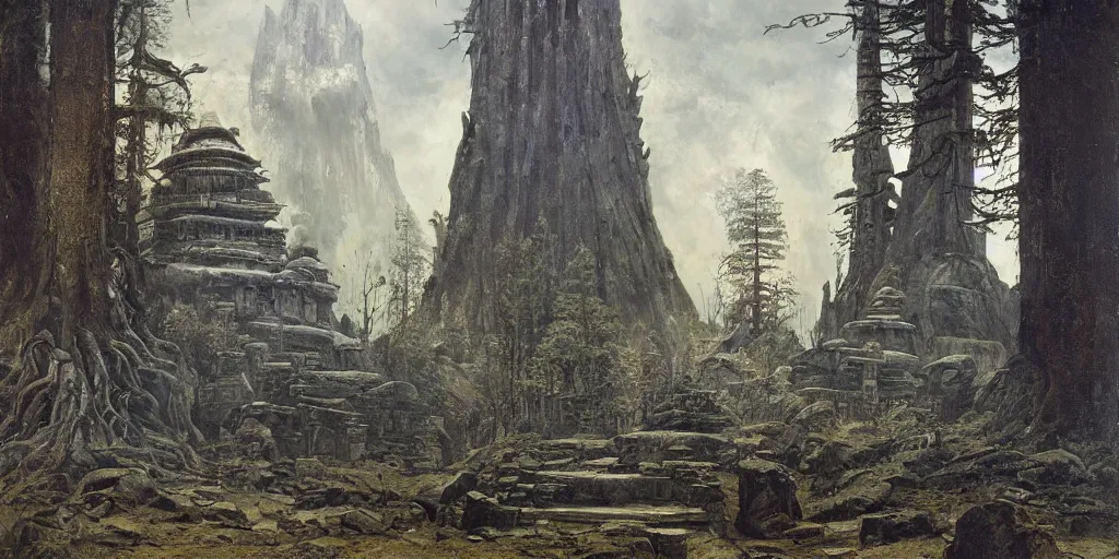 Prompt: a alien temple, by ivan shishkin, by james gurney, detailed, atmospheric, 8 k