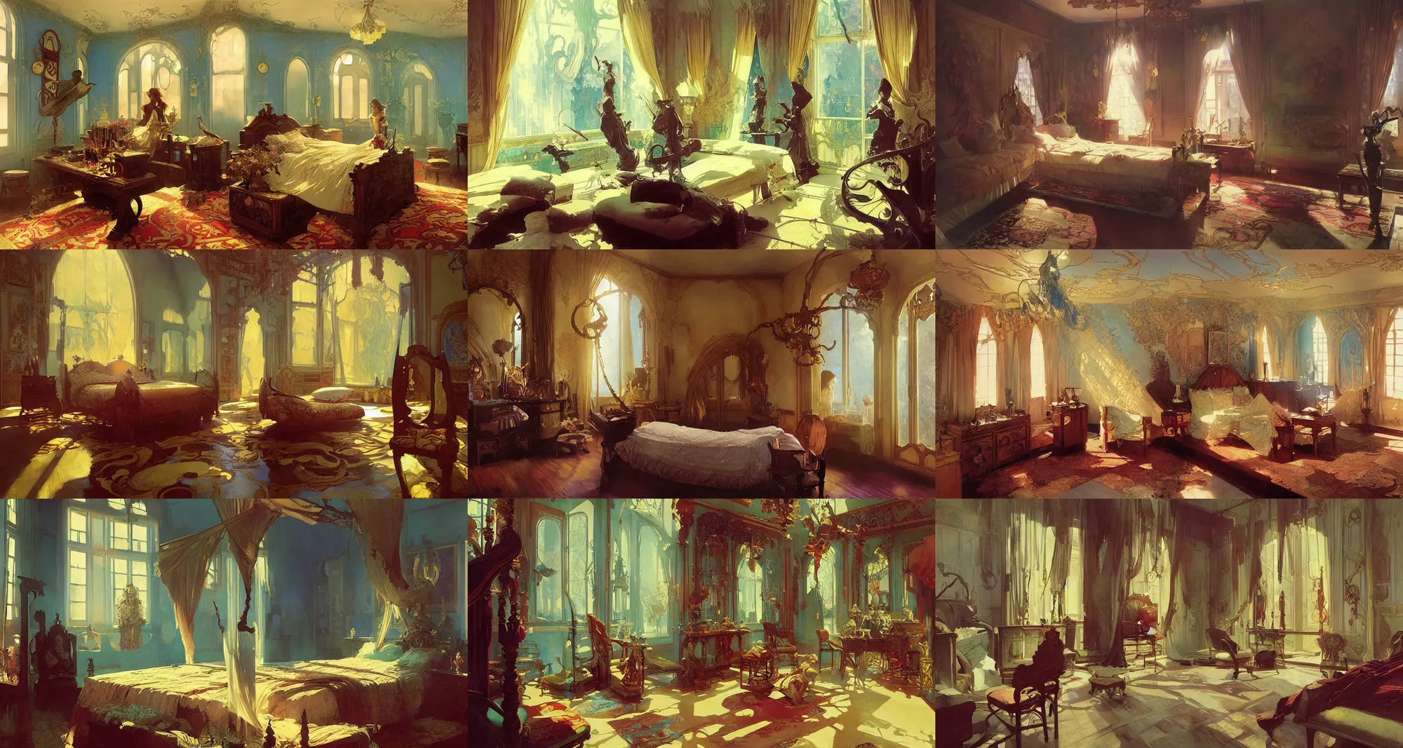 Prompt: bedroom, art nouveau interior, fantasy, art by joseph leyendecker, ivan aivazovsky, ruan jia, reza afshar, marc simonetti, alphonse mucha