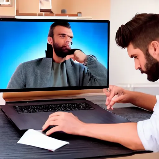 Image similar to the gigachad watching a video on a laptop, photorealistic, ultra detailed, high resolution, 8 k