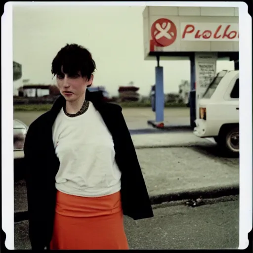 Prompt: polish woman with short hair wearing an issey miyake shirt and skirt at a gas station, polaroid, by nan goldin, jamel shabbaz, gregg araki